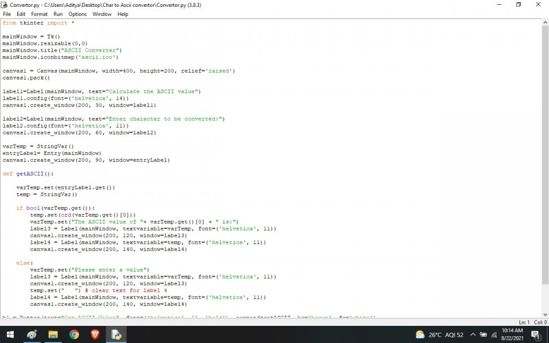 Python program to Char To Ascii Convertor Using Python -Tkinter - kashipara