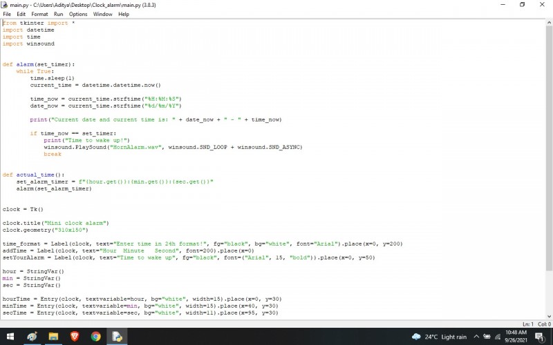 Python program to Basic Clock_alarm Using Python -Tkinter - kashipara